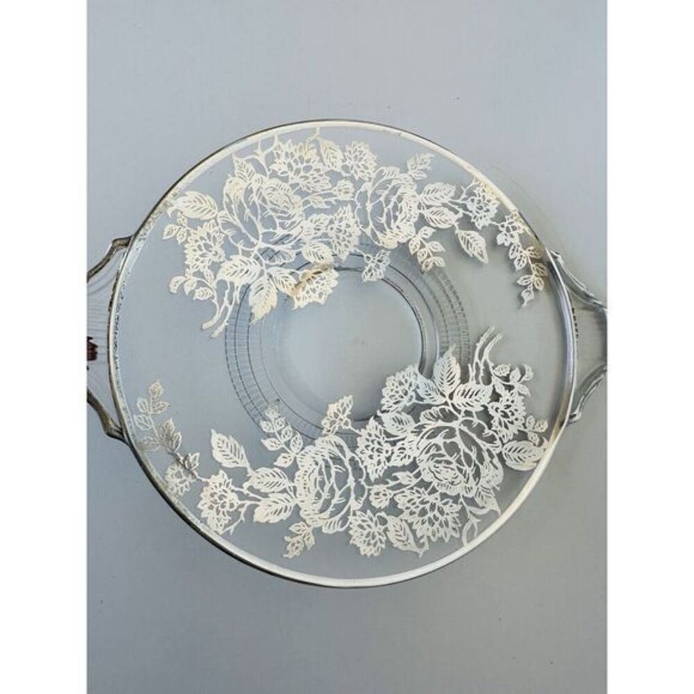 Vintage Floral‎ Leaf Silver Overlay Glass Plate W/Handles Silver Trim 8" X 7"
